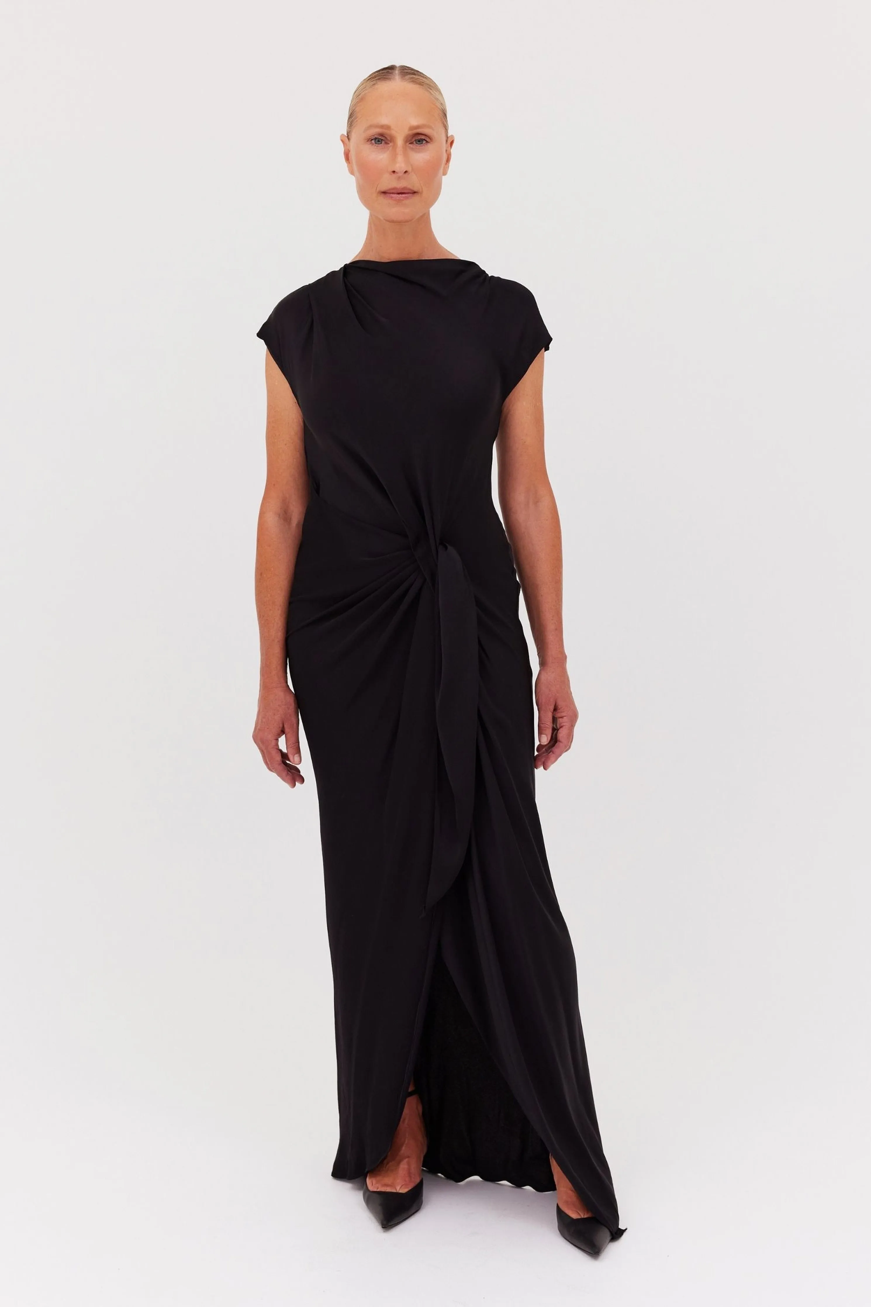 BLACK SATIN CREPE EVA DRESS