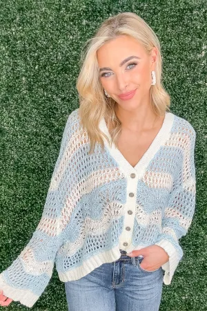 Blue And Ivory Multicolor Lightweight Knit Top