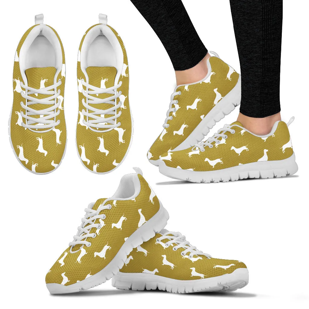 Brownish sneaker, white soles and white dachshunds