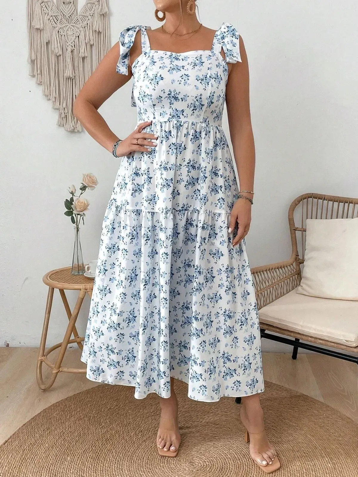 Caroline Plus Floral Print Tie Strap Tiered A-Line Midi Dress