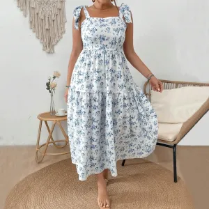 Caroline Plus Floral Print Tie Strap Tiered A-Line Midi Dress