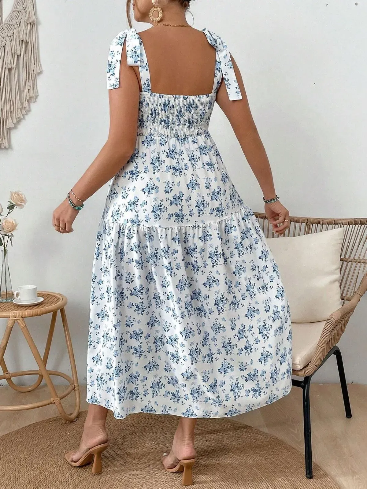 Caroline Plus Floral Print Tie Strap Tiered A-Line Midi Dress