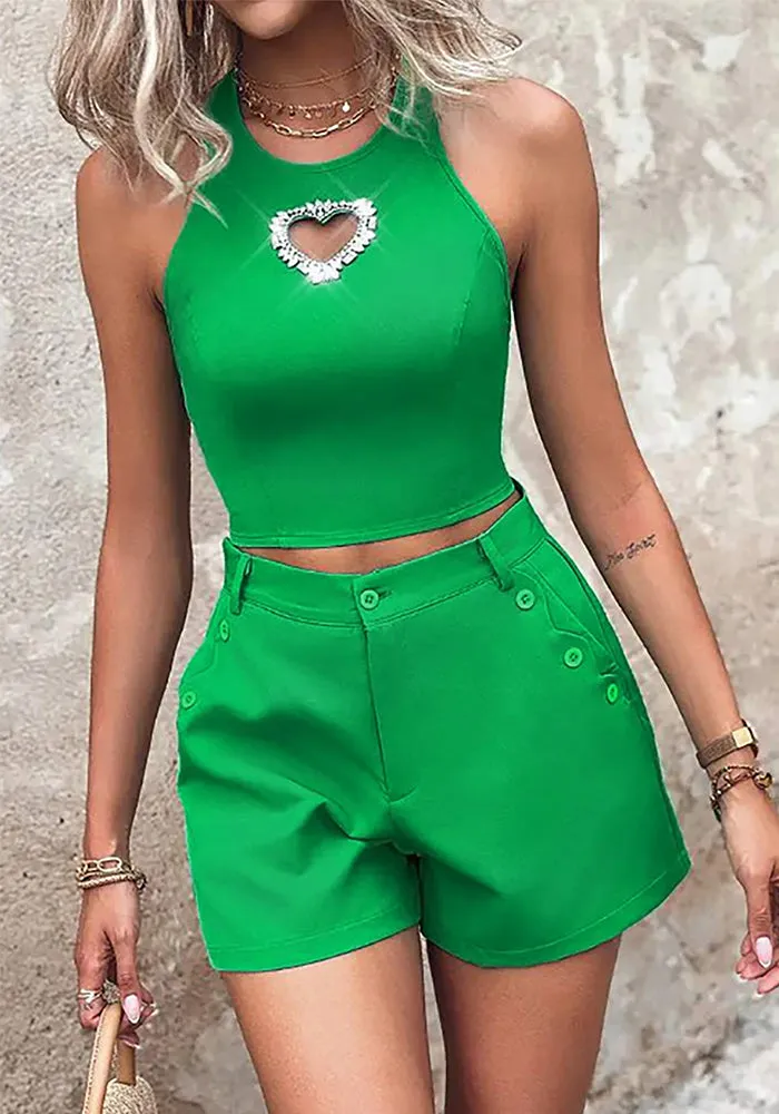 Chic Beaded Heart Cutout Sleeveless Top and High-Waist Shorts Set