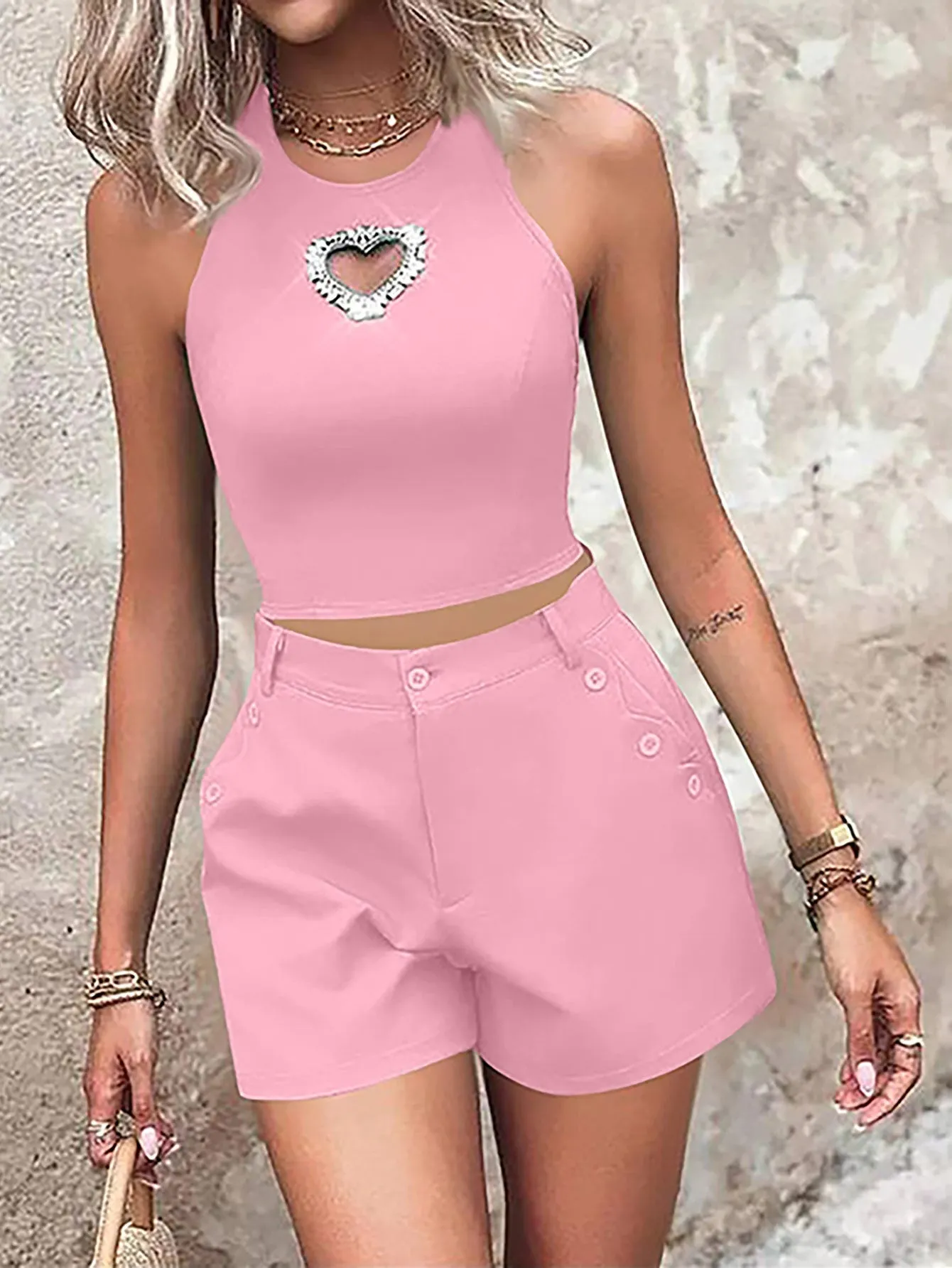 Chic Beaded Heart Cutout Sleeveless Top and High-Waist Shorts Set