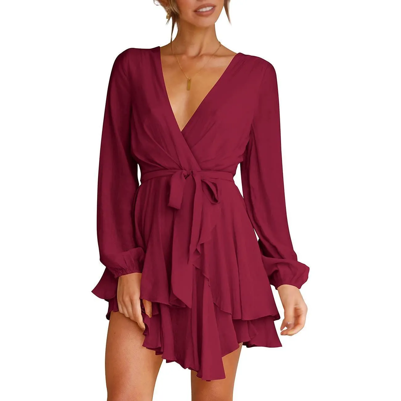 Cosonsen Women's Dress Deep V-Neck Long Sleeve Waist Tie Ruffle Mini Swing Skater Dresses