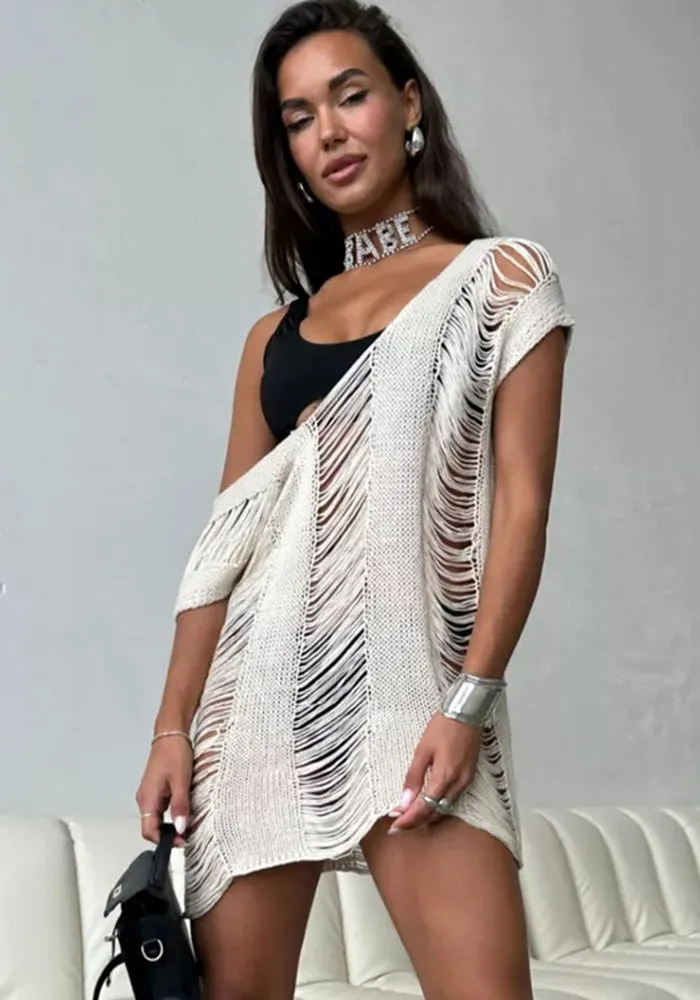 Effortless Boho-Chic Distressed Knit Cover-Up for Trendy Summer Style