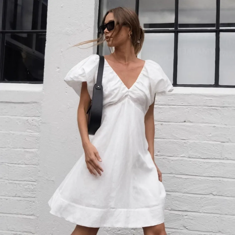 Effortless Linen Puff Sleeve V-Neck A-Line Dress
