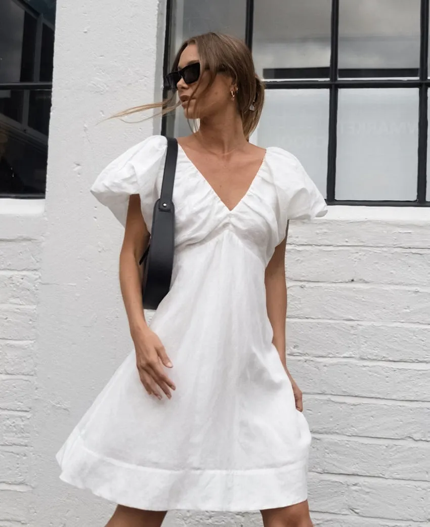 Effortless Linen Puff Sleeve V-Neck A-Line Dress