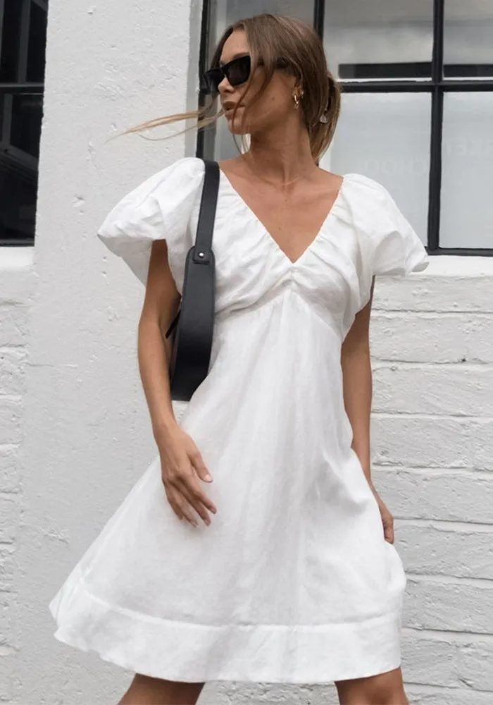Effortless Linen Puff Sleeve V-Neck A-Line Dress
