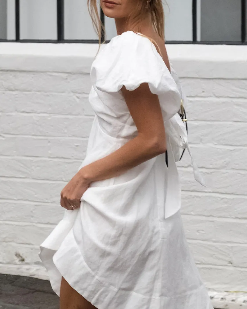 Effortless Linen Puff Sleeve V-Neck A-Line Dress