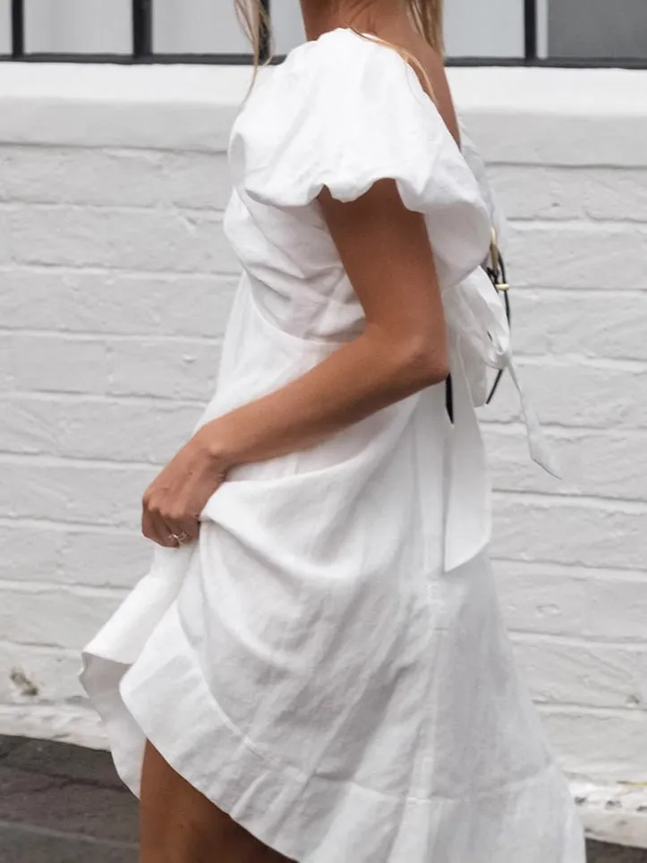 Effortless Linen Puff Sleeve V-Neck A-Line Dress