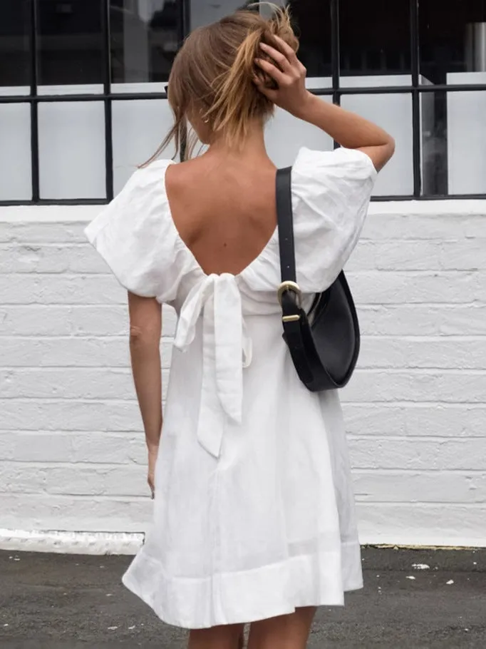 Effortless Linen Puff Sleeve V-Neck A-Line Dress