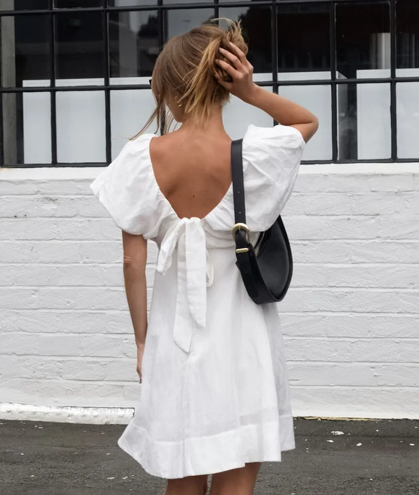 Effortless Linen Puff Sleeve V-Neck A-Line Dress
