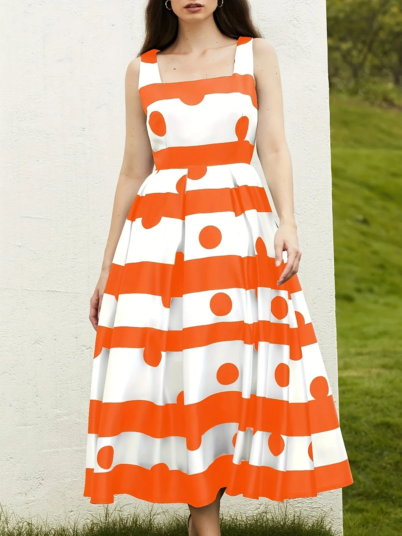 Elegant Polka Dot and Striped A-Line Maxi Dress with Spaghetti Straps