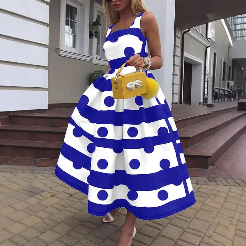 Elegant Polka Dot and Striped A-Line Maxi Dress with Spaghetti Straps