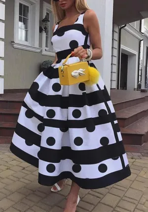Elegant Polka Dot and Striped A-Line Maxi Dress with Spaghetti Straps