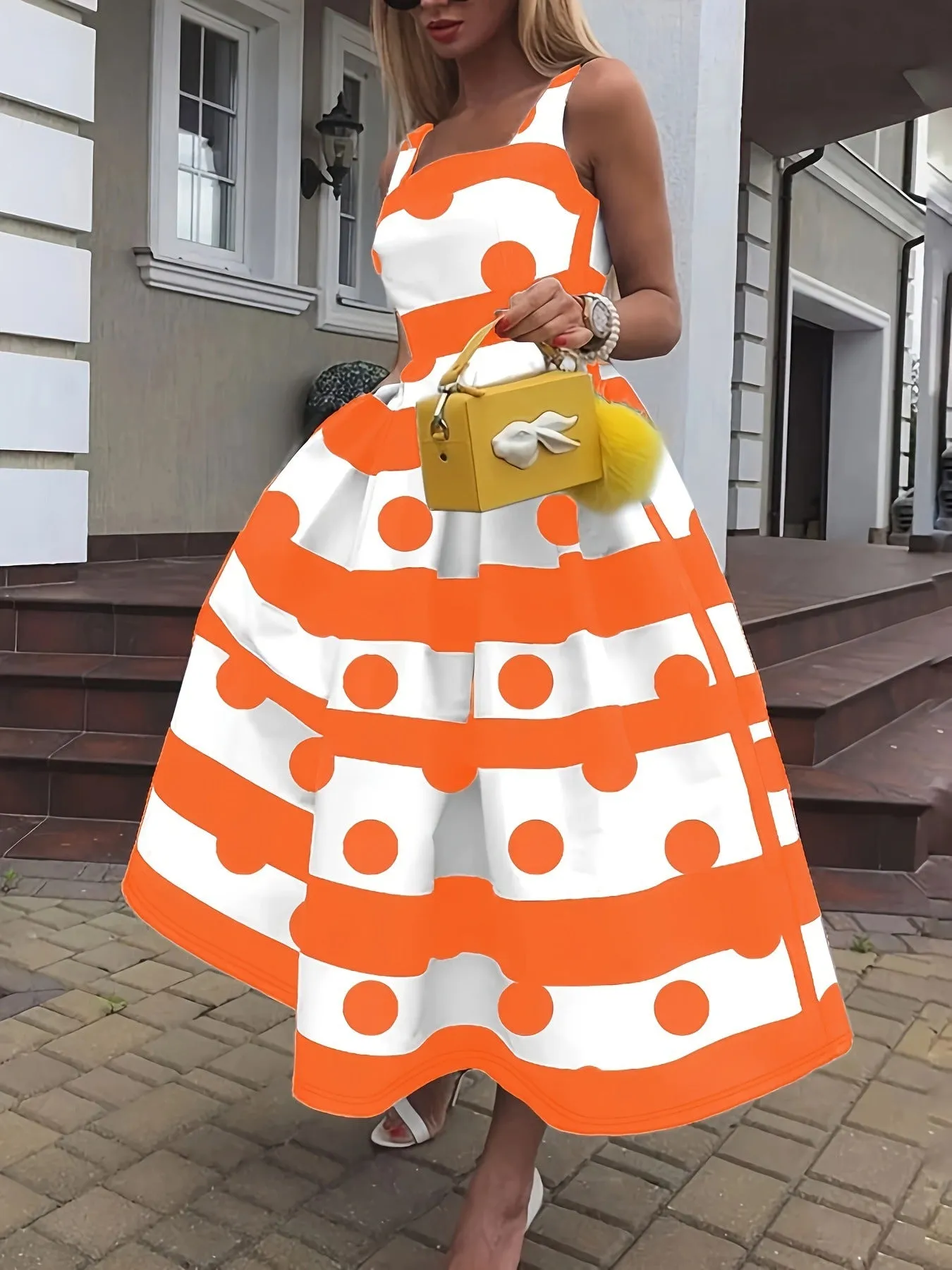 Elegant Polka Dot and Striped A-Line Maxi Dress with Spaghetti Straps