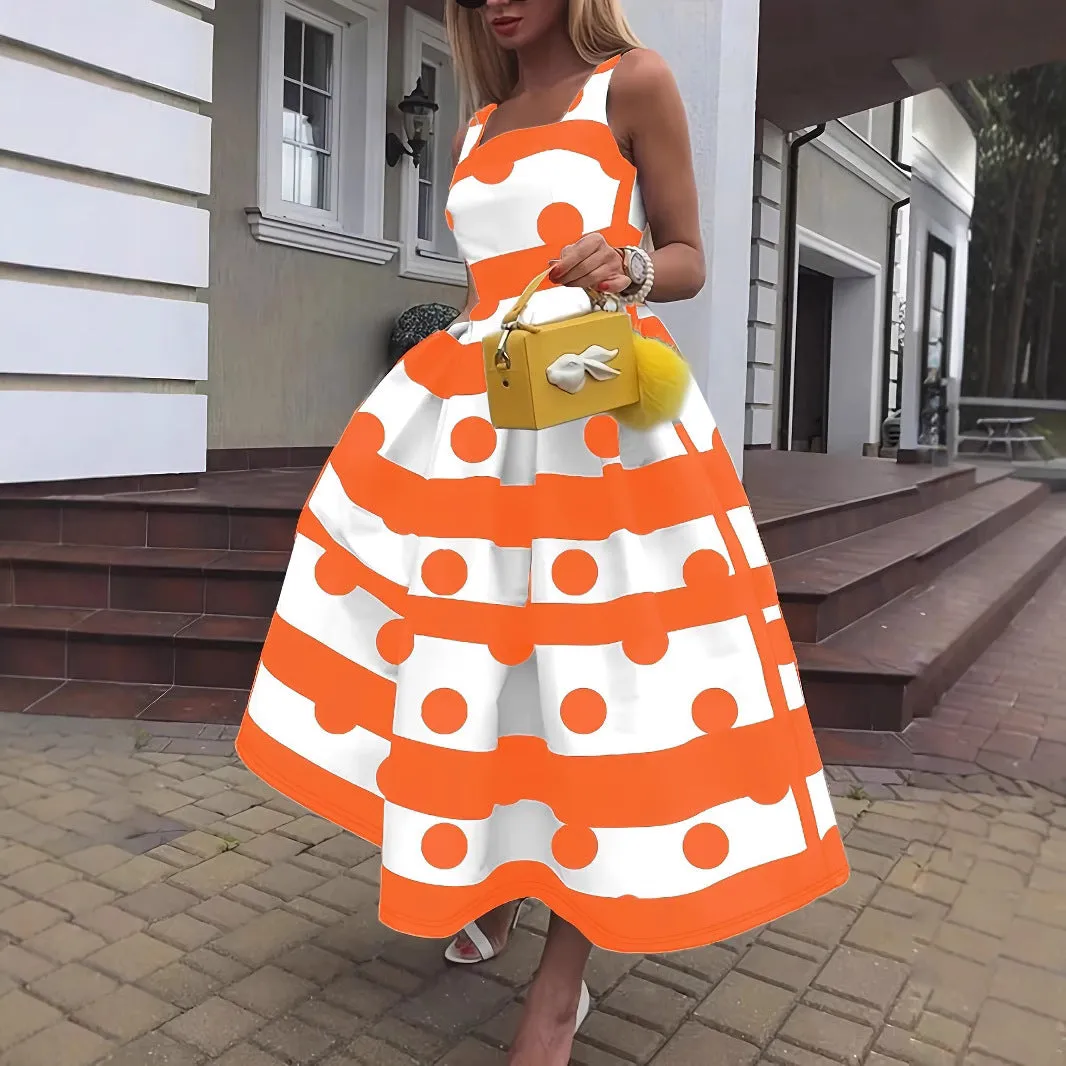 Elegant Polka Dot and Striped A-Line Maxi Dress with Spaghetti Straps