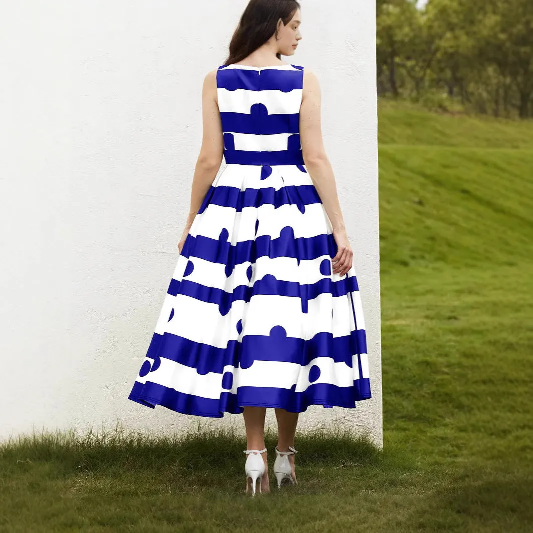 Elegant Polka Dot and Striped A-Line Maxi Dress with Spaghetti Straps