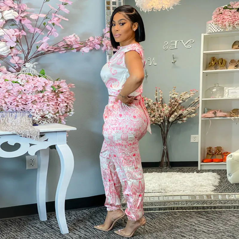Elegant Sleeveless Printed Crop Top and Tapered Pants Set