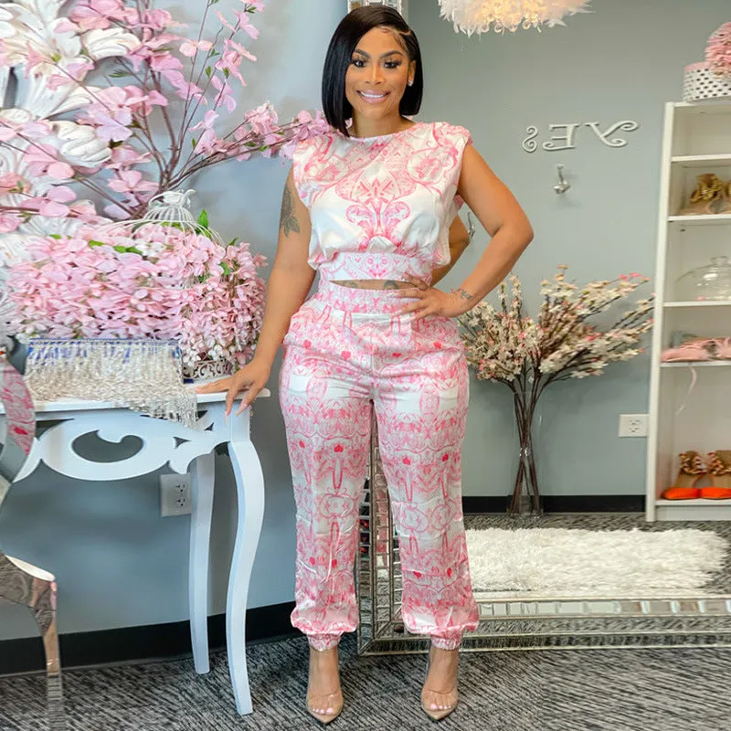 Elegant Sleeveless Printed Crop Top and Tapered Pants Set