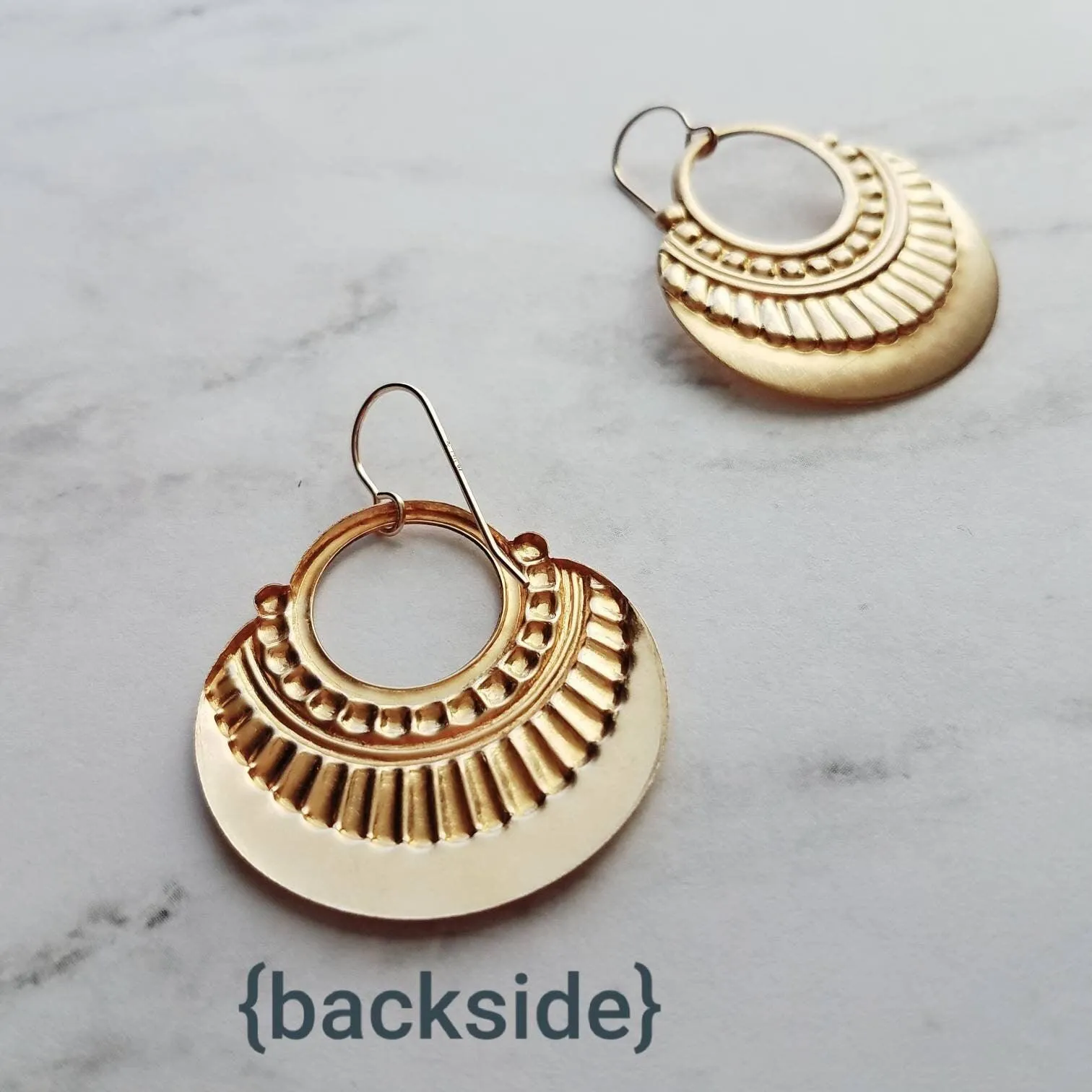Gold Art Deco Earrings, 14K gold fill hooks, large gold medallion, gold tribal earring, large lightweight earring, gold open circle earring
