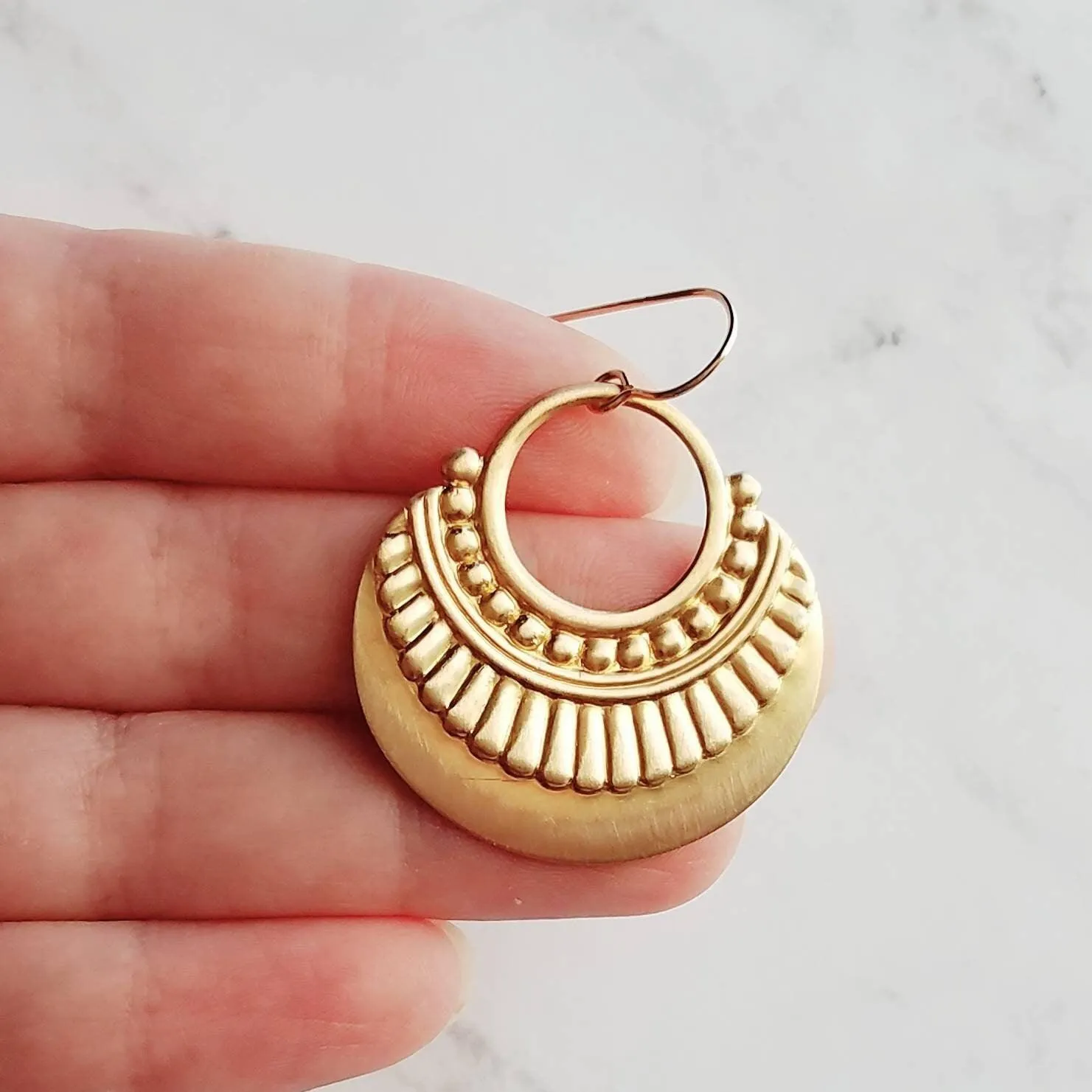Gold Art Deco Earrings, 14K gold fill hooks, large gold medallion, gold tribal earring, large lightweight earring, gold open circle earring