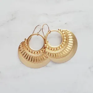 Gold Art Deco Earrings, 14K gold fill hooks, large gold medallion, gold tribal earring, large lightweight earring, gold open circle earring