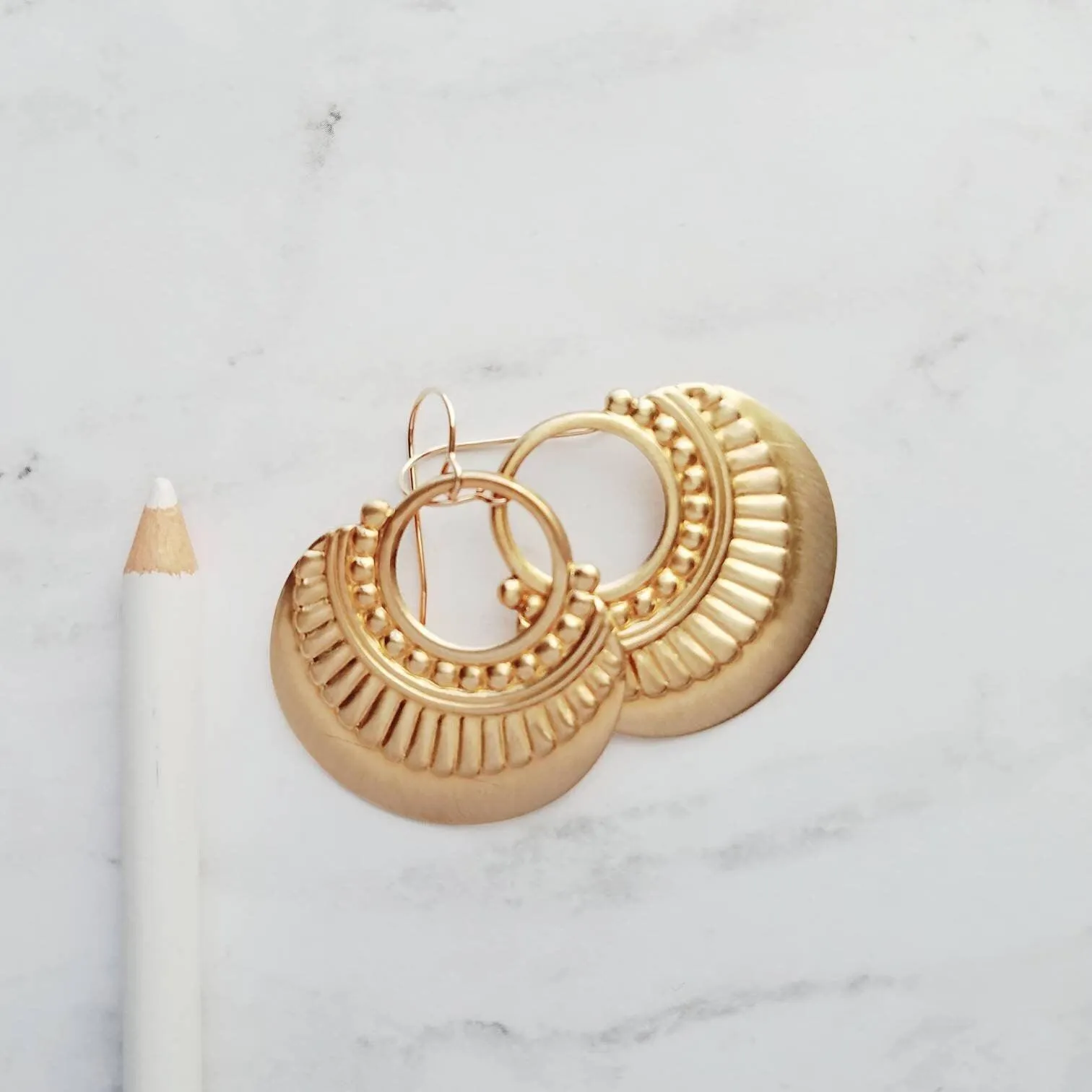 Gold Art Deco Earrings, 14K gold fill hooks, large gold medallion, gold tribal earring, large lightweight earring, gold open circle earring
