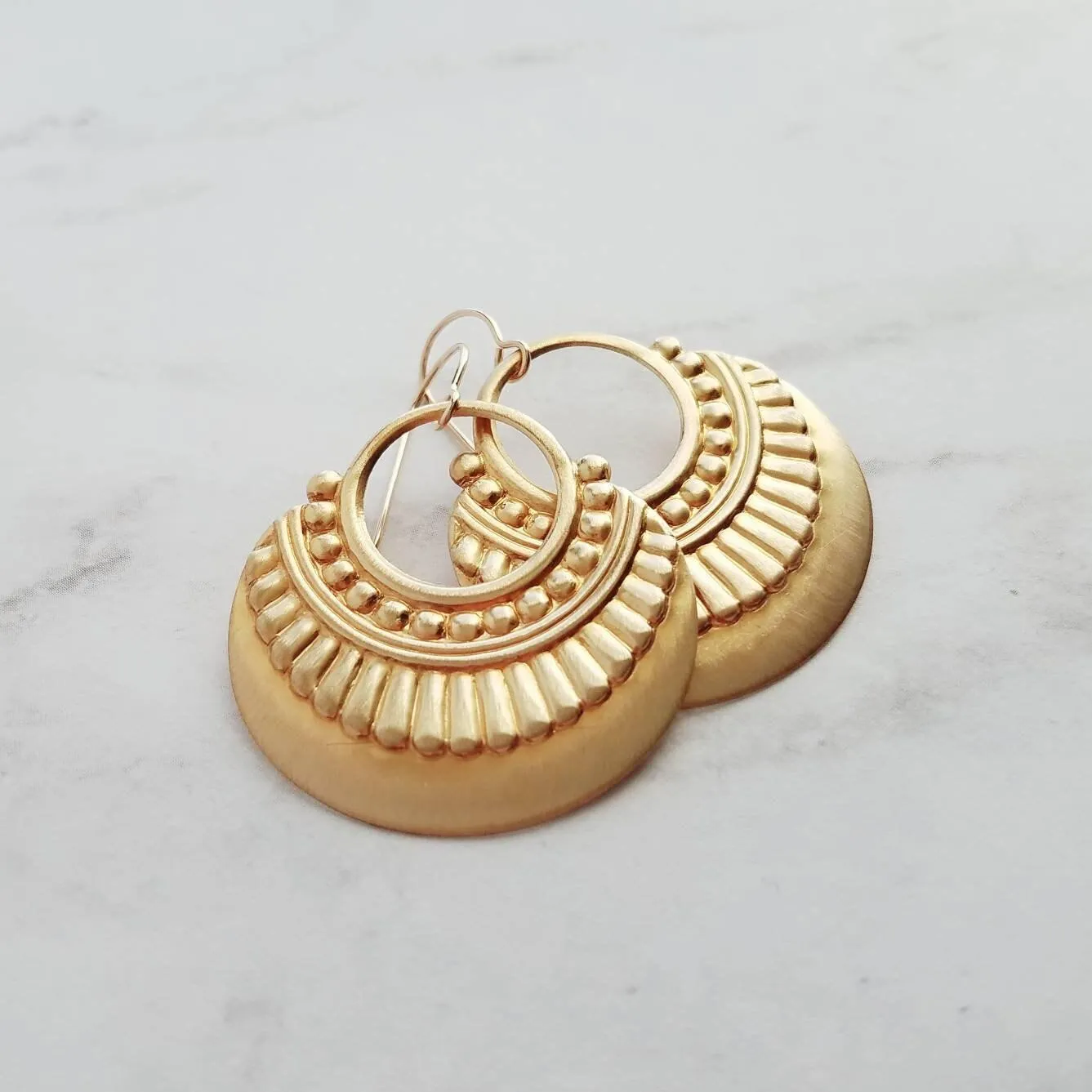 Gold Art Deco Earrings, 14K gold fill hooks, large gold medallion, gold tribal earring, large lightweight earring, gold open circle earring