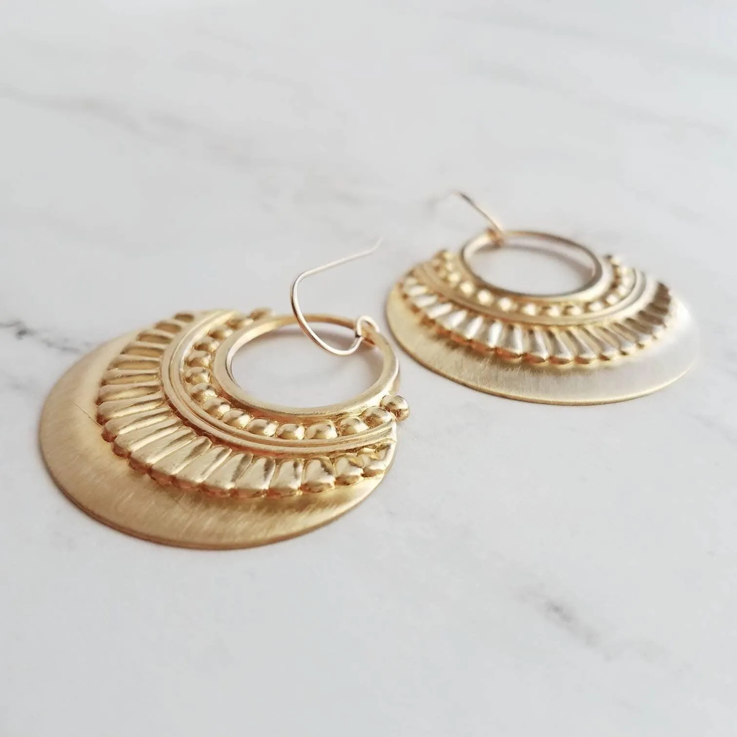 Gold Art Deco Earrings, 14K gold fill hooks, large gold medallion, gold tribal earring, large lightweight earring, gold open circle earring