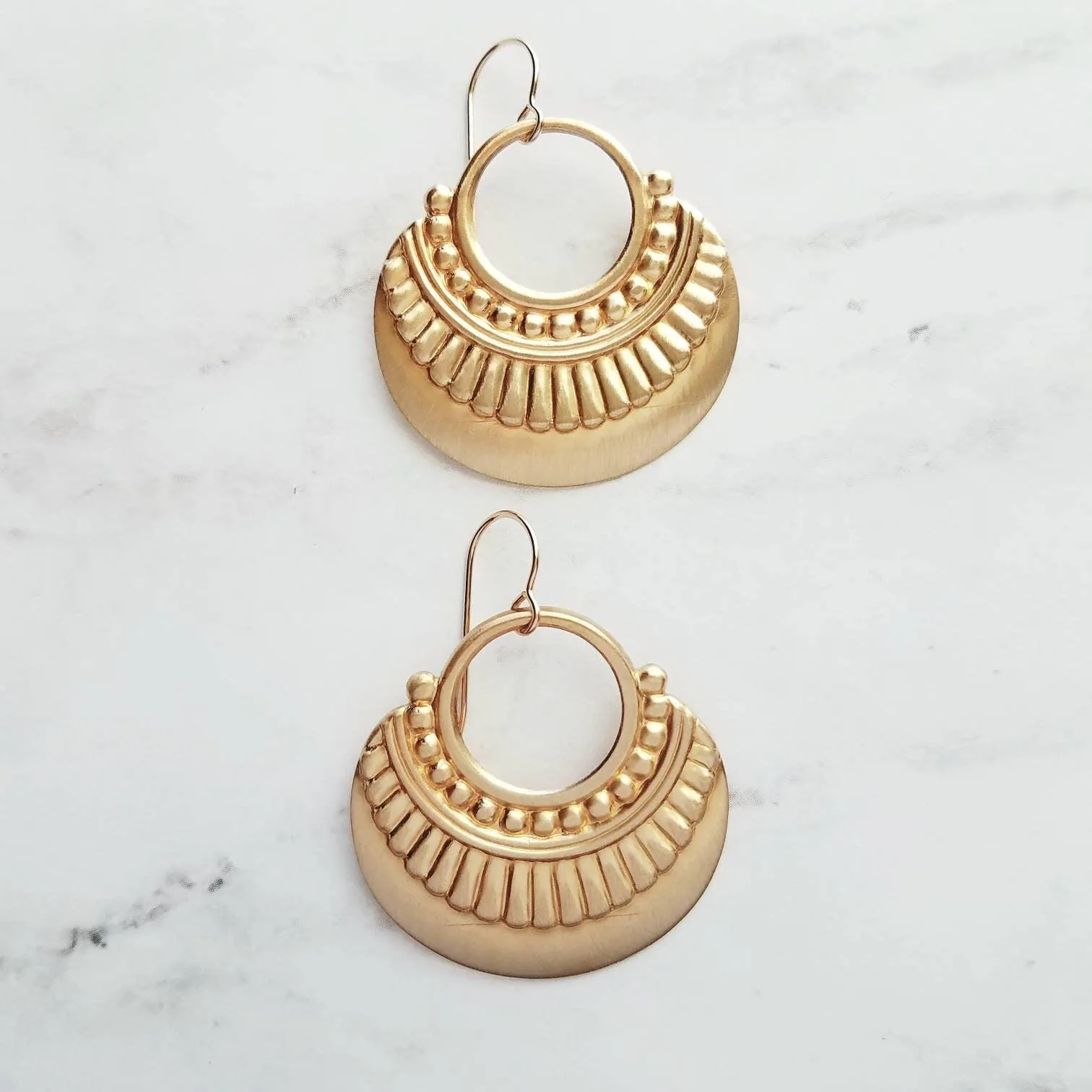 Gold Art Deco Earrings, 14K gold fill hooks, large gold medallion, gold tribal earring, large lightweight earring, gold open circle earring