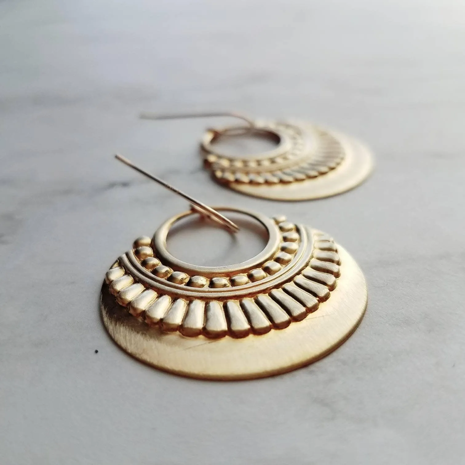 Gold Art Deco Earrings, 14K gold fill hooks, large gold medallion, gold tribal earring, large lightweight earring, gold open circle earring