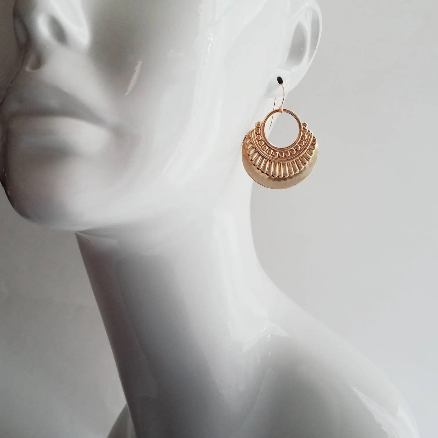 Gold Art Deco Earrings, 14K gold fill hooks, large gold medallion, gold tribal earring, large lightweight earring, gold open circle earring