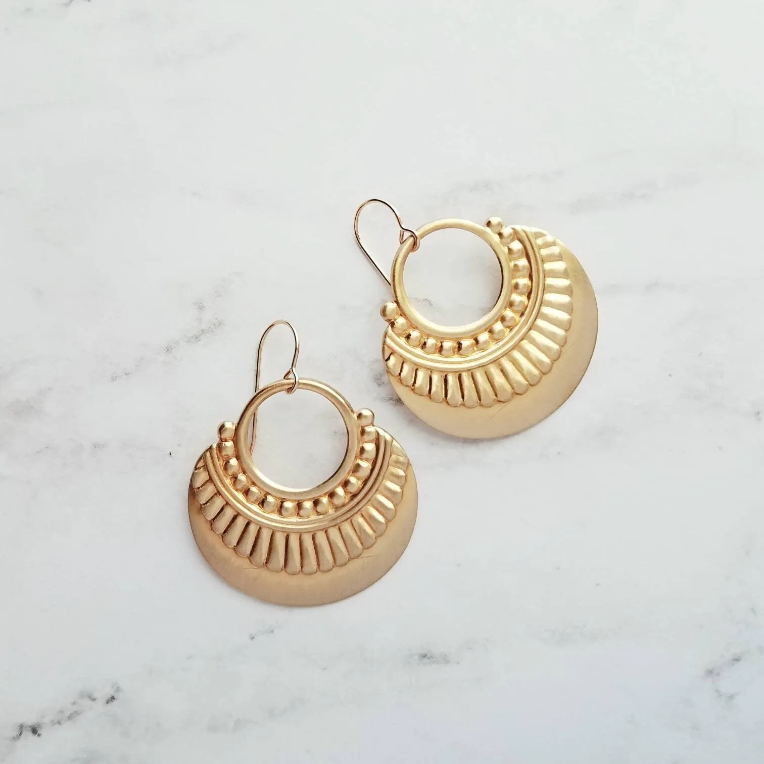 Gold Art Deco Earrings, 14K gold fill hooks, large gold medallion, gold tribal earring, large lightweight earring, gold open circle earring