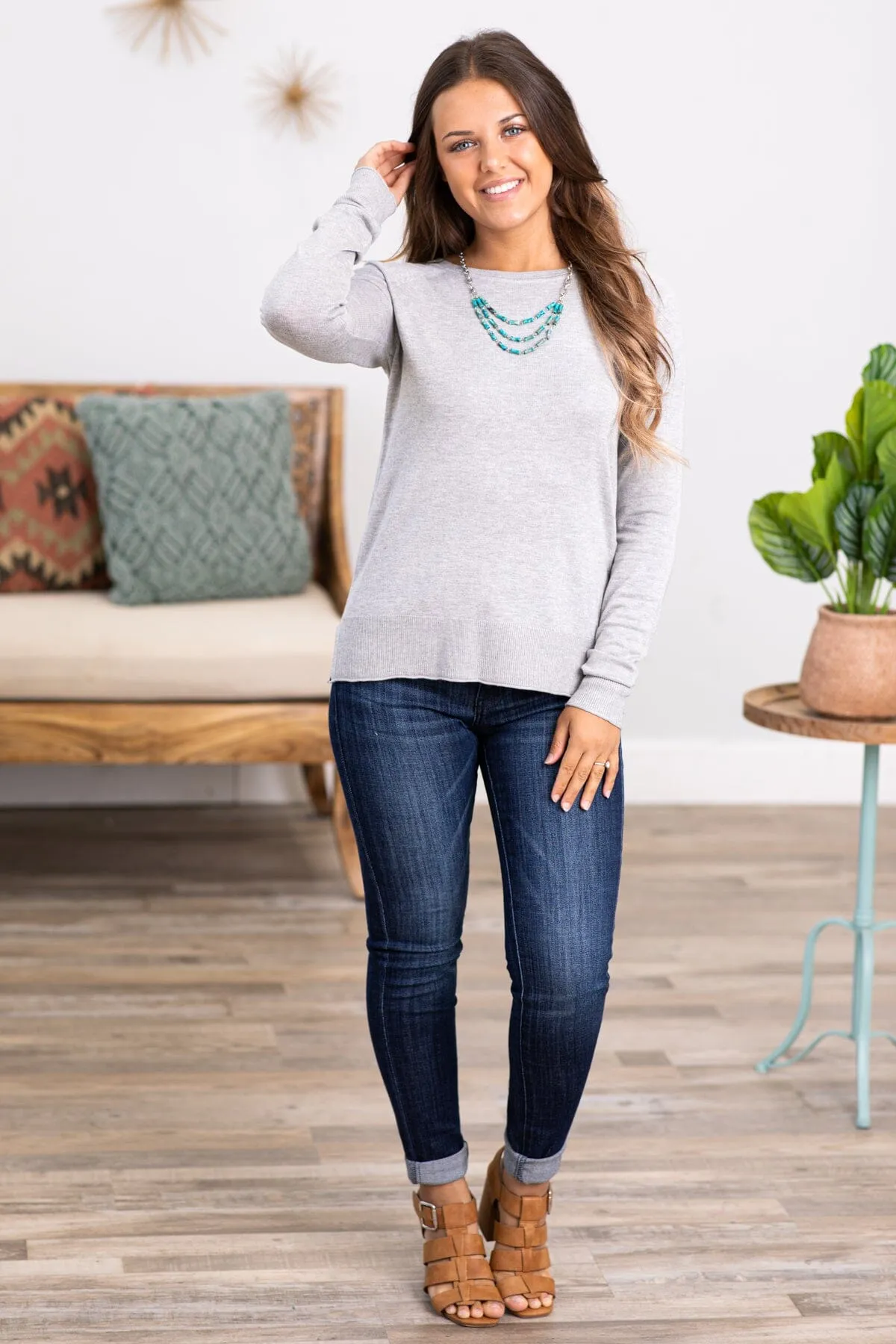 Grey Lightweight Sweater With Side Slit