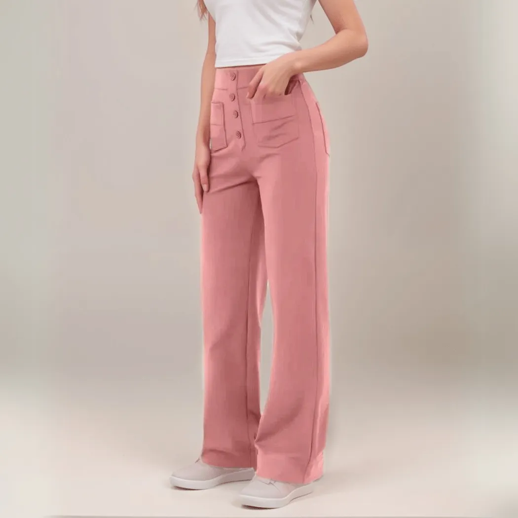 High-Waisted Pants – Button Front – Soft Pink Casual Style