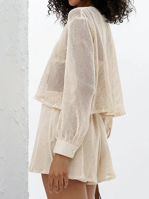 Lightweight Beige Mesh Two-Piece Set with V-Neck Top and Shorts