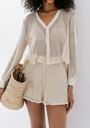 Lightweight Beige Mesh Two-Piece Set with V-Neck Top and Shorts
