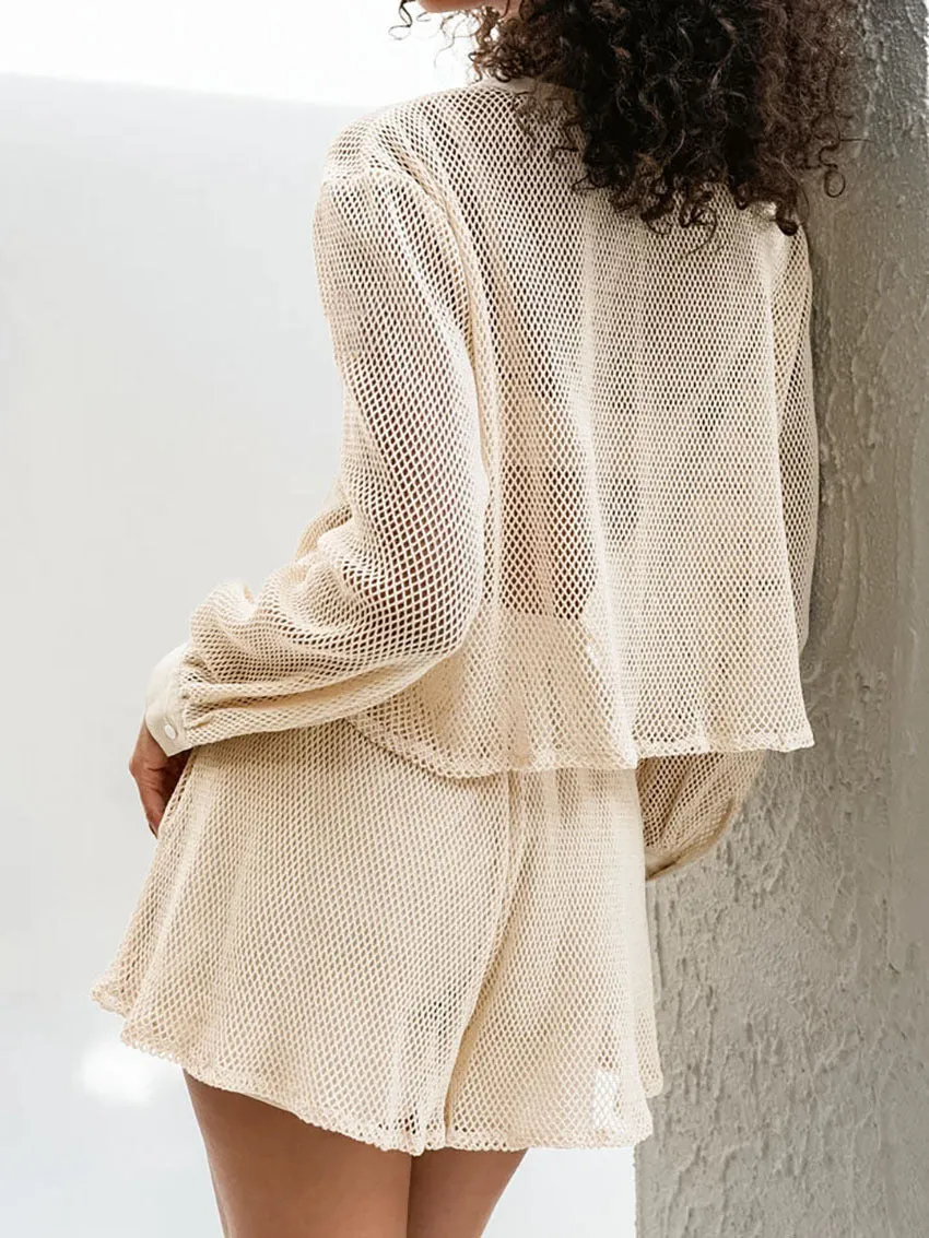 Lightweight Beige Mesh Two-Piece Set with V-Neck Top and Shorts