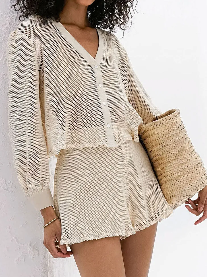 Lightweight Beige Mesh Two-Piece Set with V-Neck Top and Shorts