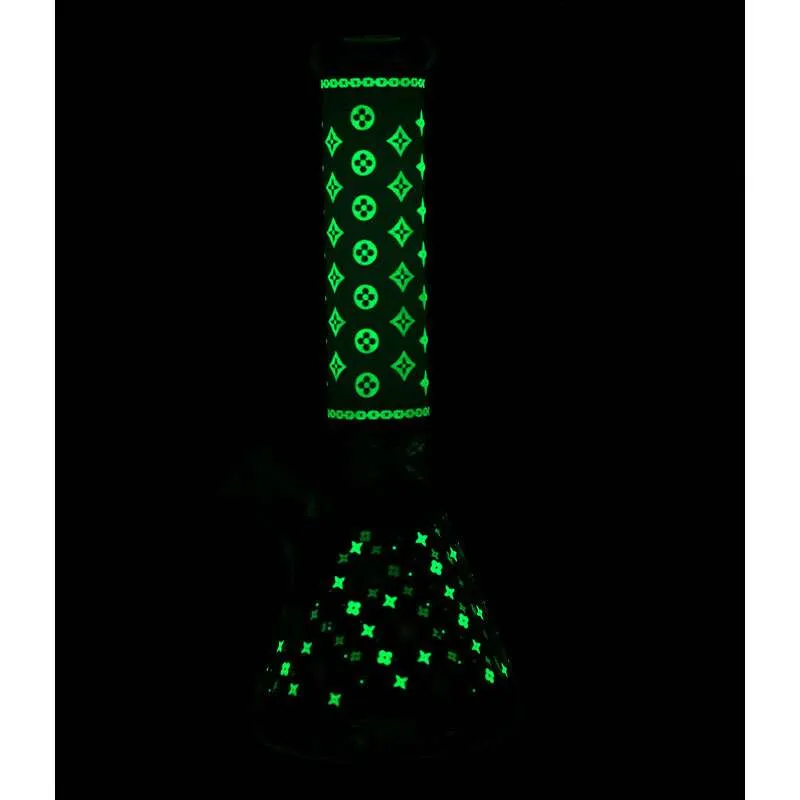 LV Pattern 7mm Beaker Bong-Glow In The Dark-14"