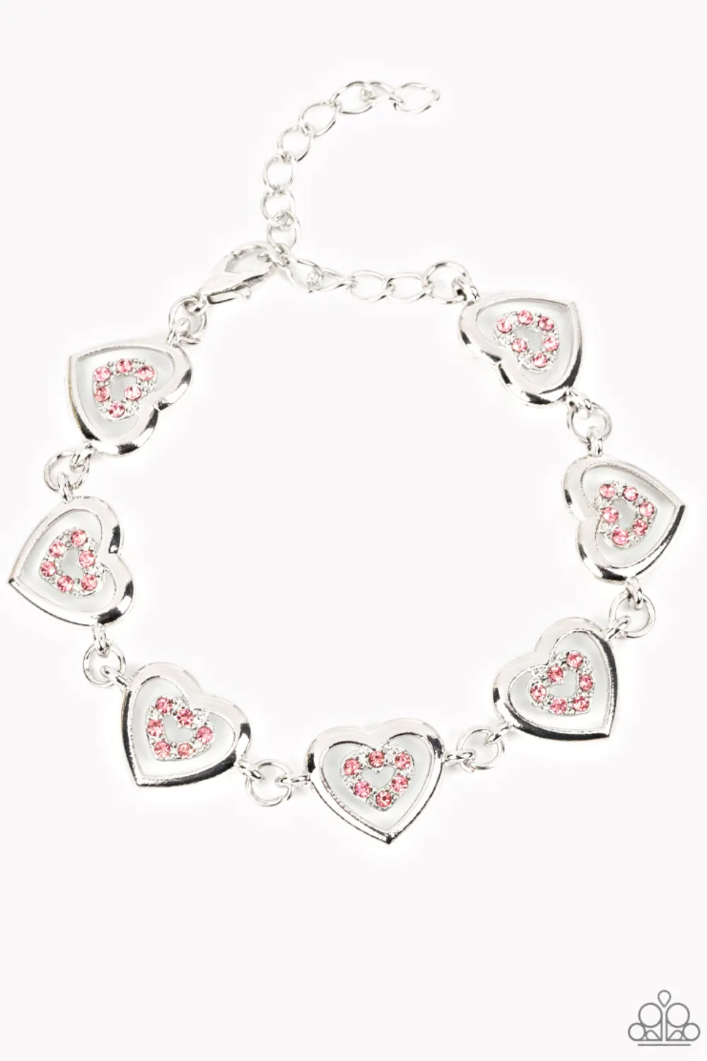 "Catching Feelings" Silver Metal & Pink/Clear Rhinestone Multi Heart Bracelet
