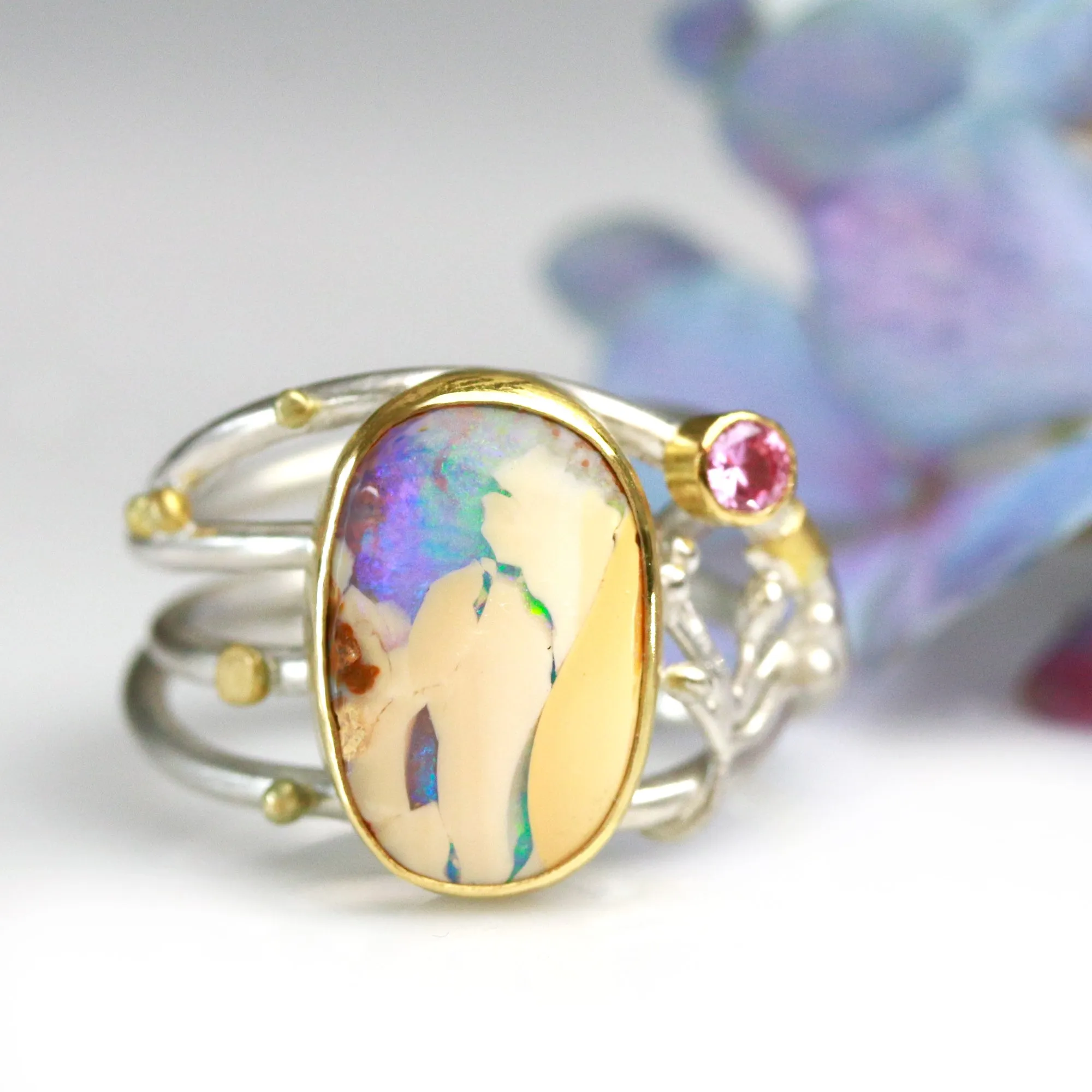SOLD  Boulder Opal and Pink Sapphire on Swirled Band Ring. Size 6 3/4.