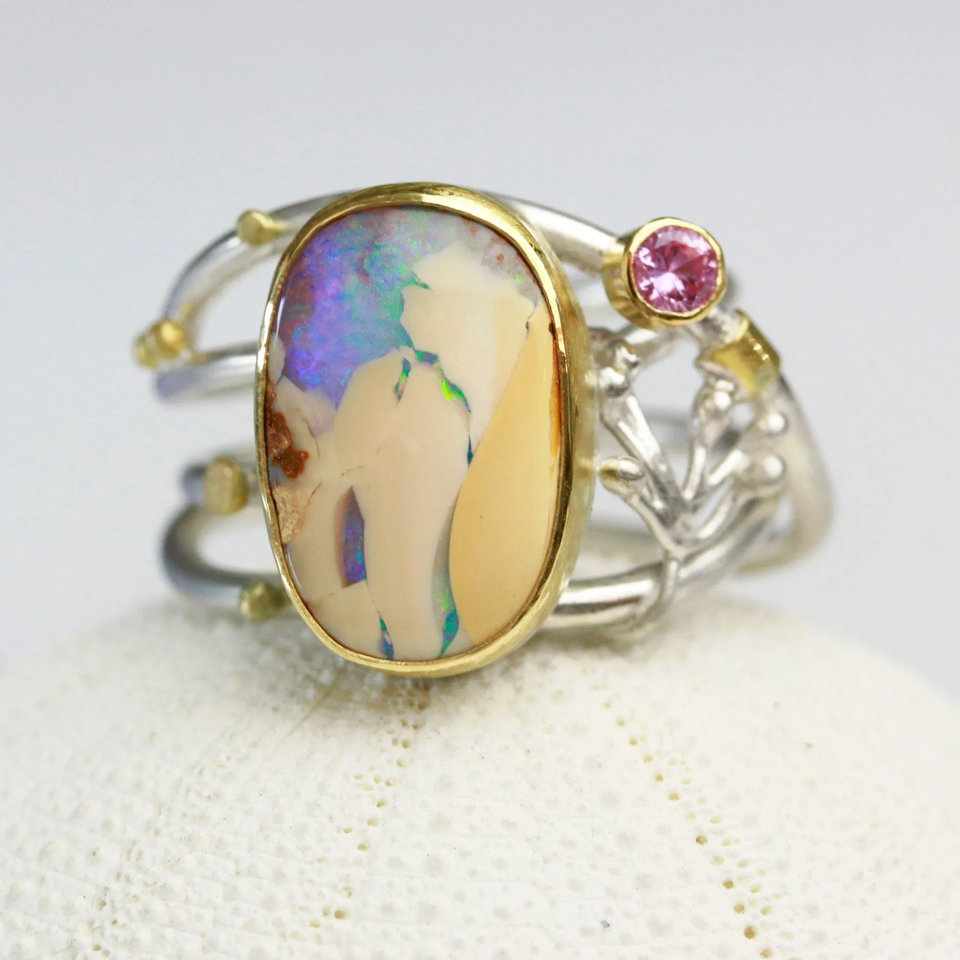 SOLD  Boulder Opal and Pink Sapphire on Swirled Band Ring. Size 6 3/4.