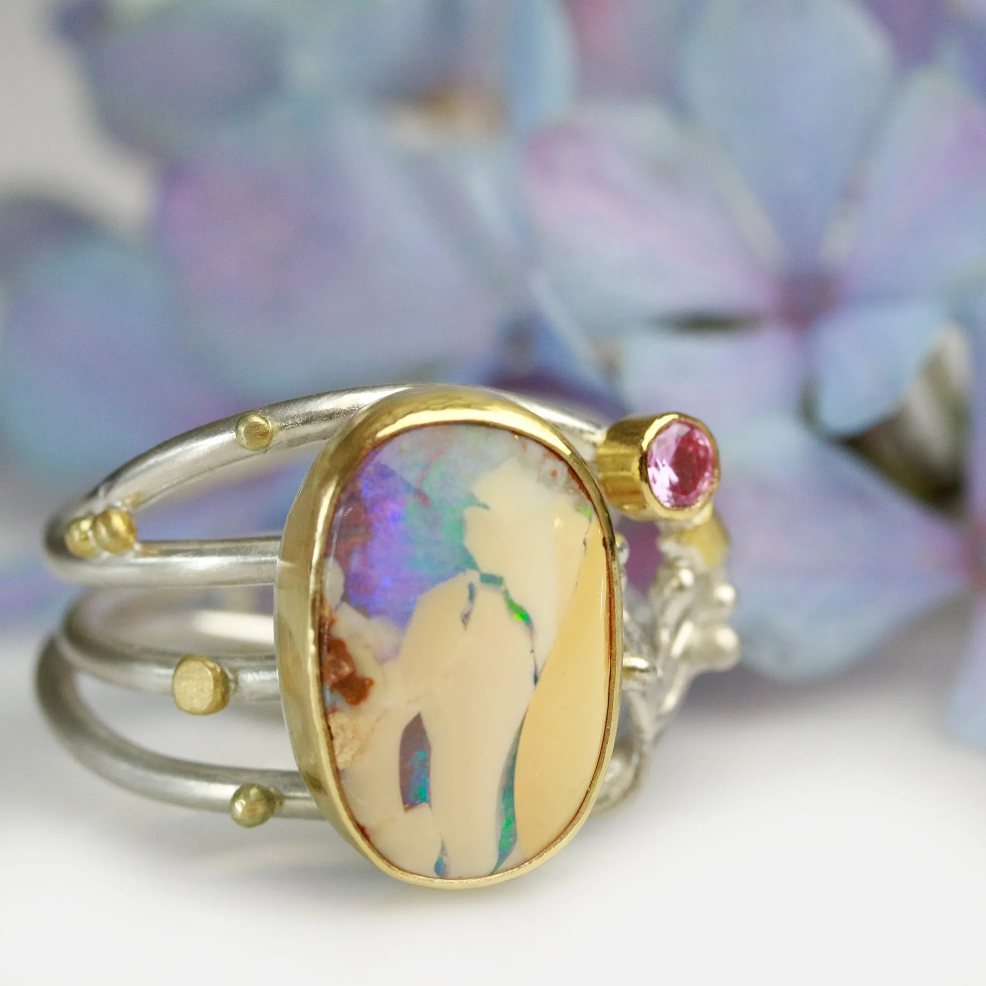 SOLD  Boulder Opal and Pink Sapphire on Swirled Band Ring. Size 6 3/4.