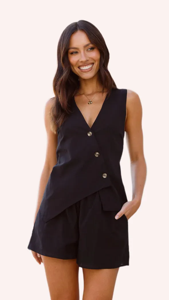Sophisticated Asymmetrical Buttoned Vest and Tailored Shorts Set