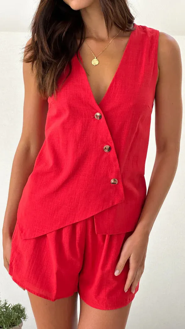 Sophisticated Asymmetrical Buttoned Vest and Tailored Shorts Set