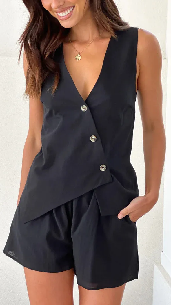 Sophisticated Asymmetrical Buttoned Vest and Tailored Shorts Set