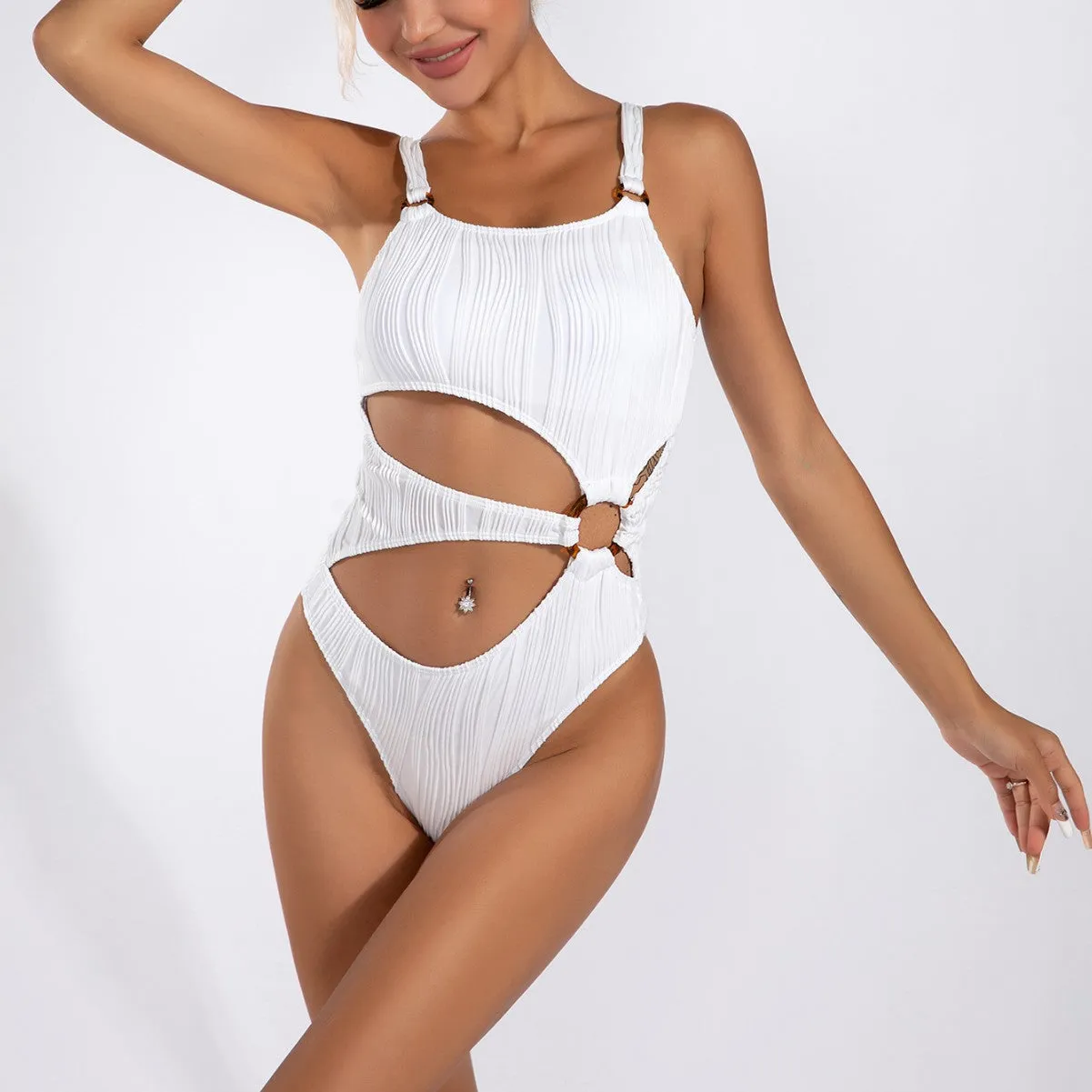 Sophisticated Cutout One-Piece Swimsuit with Ring Accents and Sleek Design